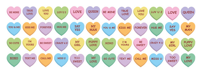 Sweet heart candy. Conversation sweets. Set of colorful сonversation hearts with different saying for Valentine's Day. Sweetheart candies. Sweet heart candy isolated on white background