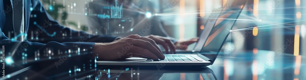 Poster Professionals in a techsavvy office use laptops to create a digital work environment with communication networks for data exchange, networking, and collaboration, tapping into modern technology
