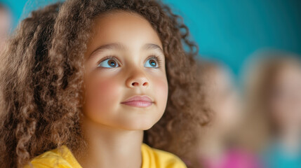 Curly haired African American girl with dreamy expression in a classroom setting, focused young child