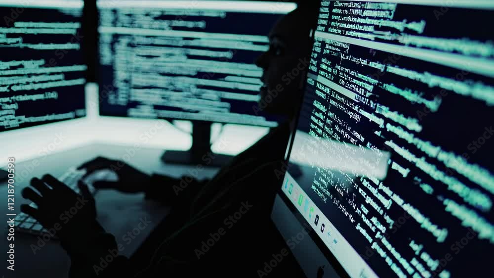Poster programmer is working late at night, focused on multiple computer screens displaying lines of code, 