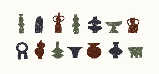 Set of different pottery vases and ceramic shapes. Silhouette Icons with grunge texture. Vector illustration.