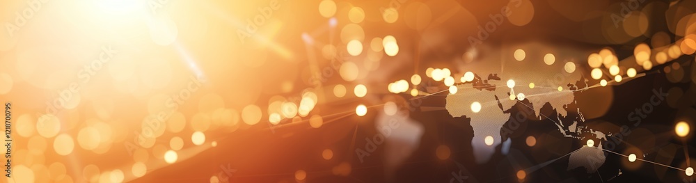 Poster An abstract world map connected by light trails with a colorful bokeh effect, symbolizing global communication and connectivity. The image visualizes the interconnected digital world