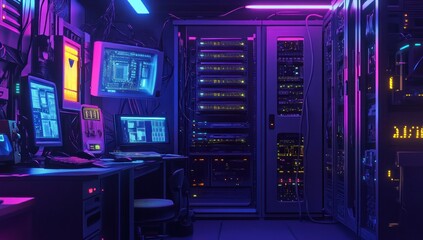 Cyberpunk Server Room: Neon Glow in the Digital Heart