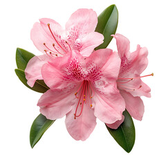 Pink Azalea Flowers with Green Leaves, Isolated on Black Background