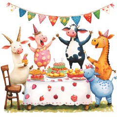 Fototapeta premium scene with farm animals dancing around a table filled with treats isolated on white background 