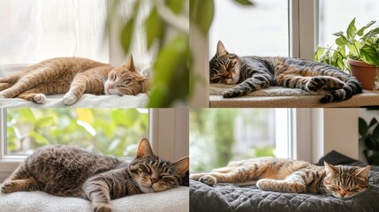 Peaceful scene of cats napping in different settings. Featuring various breeds resting peacefully. Highlighting tranquility and comfort. Ideal for pet care promotions.