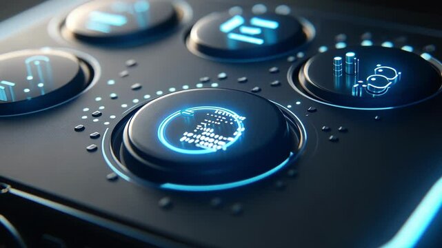 Futuristic control panel with glowing blue lights displaying data analysis and various symbols, suggesting advanced technology and innovation in a sleek, dark environment