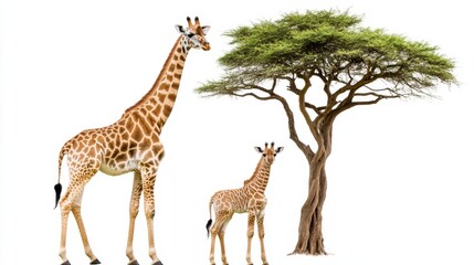 Obraz premium Adult and Baby Giraffes near an Acacia Tree in the African Savanna