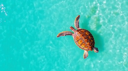 Aerial View of a Sea Turtle Gracefully Swimming in Clear Turquoise Water