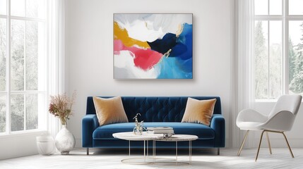 A Cozy Living Room With A Blue Velvet Sofa, A Modern Coffee Table, And A Stunning Abstract Painting As A Focal Point. The Overall Vibe Is Serene And Stylish.