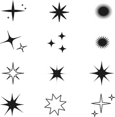 A collection of icons of stars and sparks. A set of star shapes. Abstract symbols are ideal for designing posters, projects, banners, logos. Vector illustration.