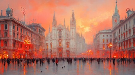 Naklejka premium Milan sunset, cathedral square, crowd, dusk, city