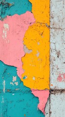 close-up of a colorful urban wall, with a blend of abstract shapes and patterns in bright, bold colors.