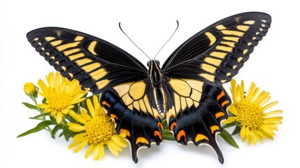 Naklejka premium Closeup of a Yellow and Black Butterfly on Yellow Flowers