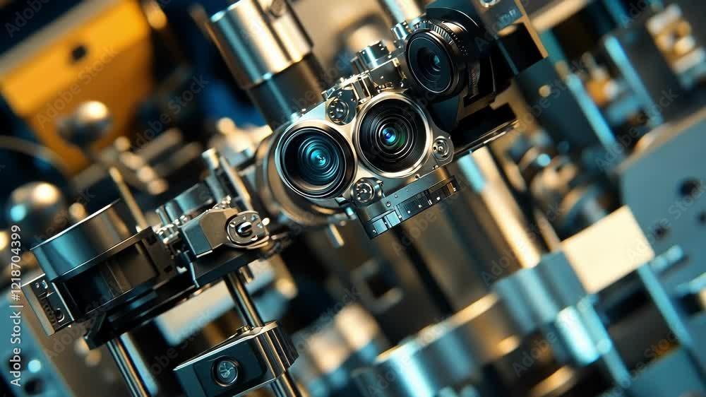 Poster robotic arms are assembling cameras on a production line in a technologically advanced factory, emph