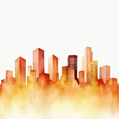 Fototapeta premium Watercolor depiction of industrial skyline with warm orange tones. buildings rise above hazy atmosphere, creating vibrant urban scene