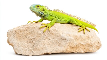 Fototapeta premium Green Iguana Resting on a Light Beige Rock Against White Background