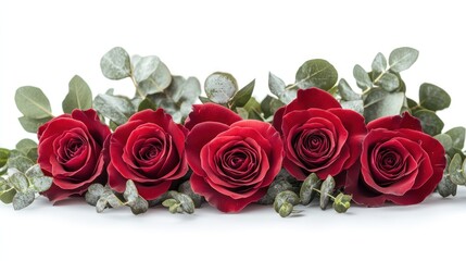 Obraz premium Red roses and eucalyptus arrangement, white background, romantic, Valentine's Day