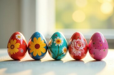 Fototapeta premium five colorful Easter eggs with a beautiful picture on them