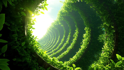 A mesmerizing view of a spiral tunnel made of lush green foliage.