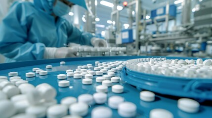 Closeup of white pills on a production line in a modern pharmaceutical manufacturing facility. Workers in protective gear ensure quality control, efficiency, and safety in the factory