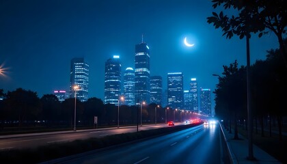 Night city view with skyscrapers illuminated under the moon light and road with car light streaks