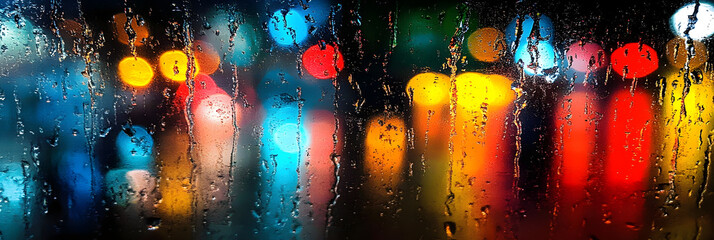 Raindrops on Window with Cityscape Reflections