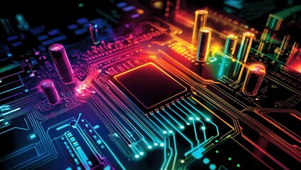 Fototapeta premium Vibrant Circuit Board: A Close-Up of Neon-Lit Technology