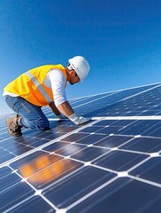 Skilled technician installs solar panels under bright blue sky in a renewable energy project