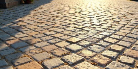 Fototapeta premium A Sunlit Pathway of Interlocking Stone Blocks, Creating a Textured Surface with Subtle Variations in Color and Tone