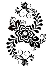 black and white ornament with flower, swirls and leaves on white isolated background, floral design element, decorative silhouette for tattoo, stencil