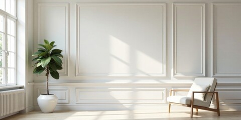 Fototapeta premium Serene Interior Design Featuring a Modern Chair and Lush Potted Plant Against a Classic White Paneled Wall with Sunlight Streaming Through a Window