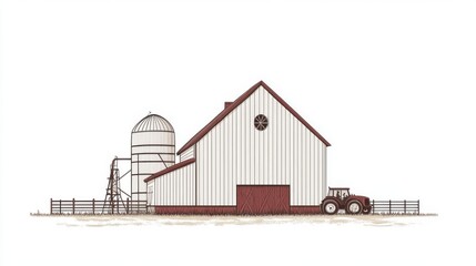 Rustic farm scene with barn, silo, and tractor.