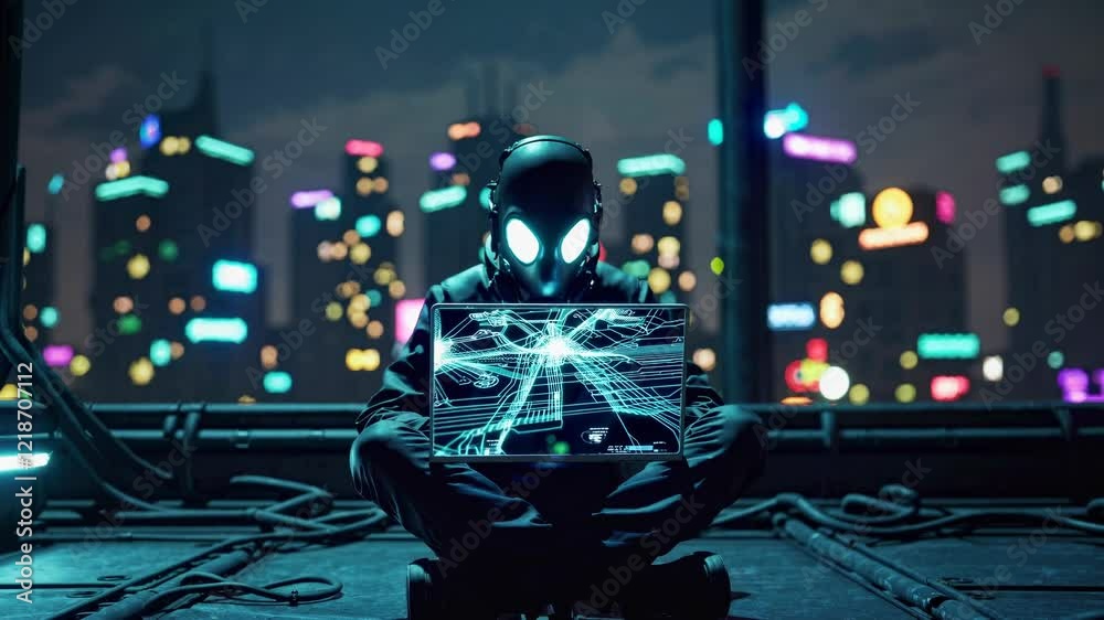 Poster hacker wearing gas mask and headphones is programming or hacking something using laptop on rooftop w
