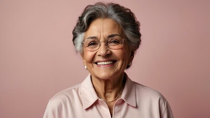 Obraz premium elderly hispanic female in casual wear on pastel color background model portrait smiling for ad concept space for text
