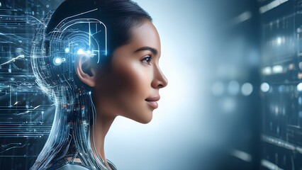 A young female humanoid head is connected to a supercomputer, symbolizing the fusion of artificial intelligence and humanity. The futuristic illustration explores the connection with neural networks.