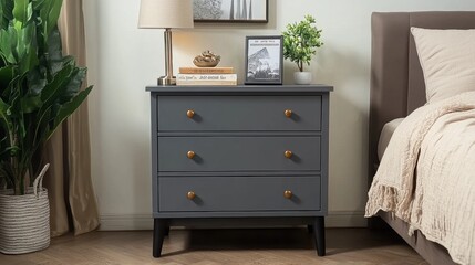 Modern Gray Nightstand with Three Drawers and Decorative Elements