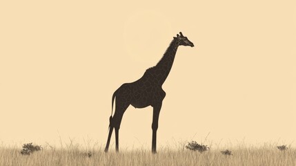 Fototapeta premium Silhouette of a giraffe standing in tall grass against a pale background.