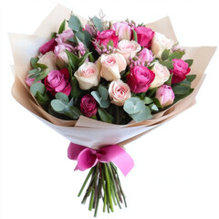 Beautiful bouquet of pink roses and flowers, perfect for love, romance, and weddings