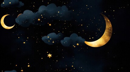 Naklejka premium Stunning golden and black night sky painting featuring a luminous moon and shimmering stars.
