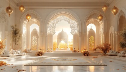 Fototapeta premium Elegant Interior of a Grand Ornate Room with Arches Warm Lighting and Scattered Petals