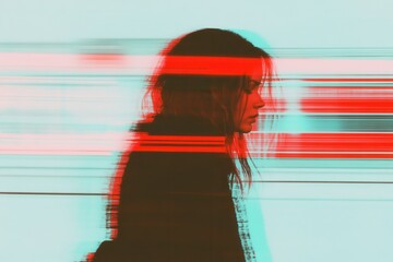 Glitch effect on profile of woman walking in motion blur