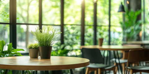 Cozy indoor cafe with green plants and wooden tables, sunlight through large windows, serene atmosphere