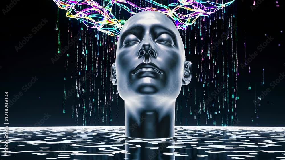 Poster metallic android head receiving colorful data stream, emerging from an abstract network of lines, in