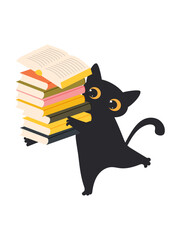 A cute cat holding a stack of different books in his paws. Vector.