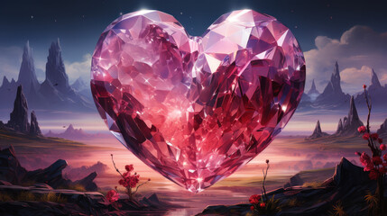 Fototapeta premium Giant Crystal Heart Reflecting Universes of Love Stories for Valentine's Day: Dreamlike Surreal Valentines Day Collages