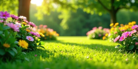 Obraz premium Vibrant wildflowers basking in the warm sunlight of a peaceful meadow, creating a picturesque scene of natural beauty and serenity