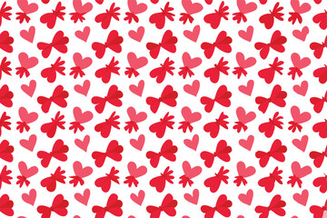 Festive seamless pattern of red hearts and bows on a white background. Perfect for covers, textile, fabric, school supplies.