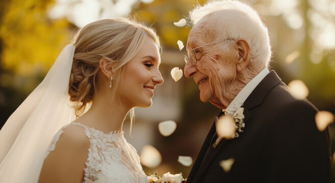 A bride shares a tender smile with her grandfather during a wedding ceremony, surrounded by falling flower petals in a warm autumn setting.