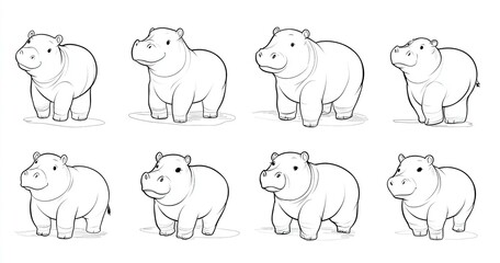 Fototapeta premium Set of playful hand-drawn hippos in line art style featuring adorable baby hippo illustrations as vector icons ideal for children’s projects or animal-themed designs